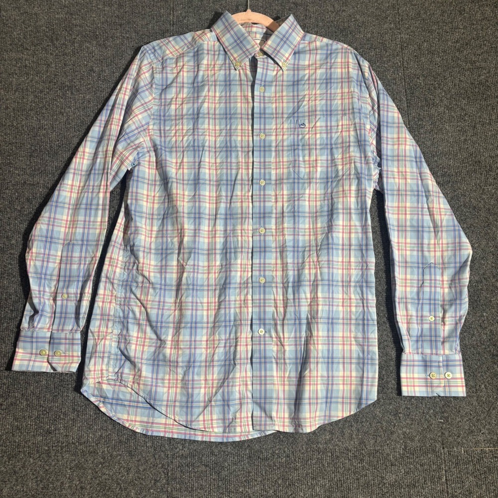 Southern Tide Intercoastal Mens Medium Blue Pink Plaid Performance Shirt Stretch